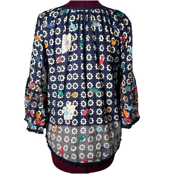 Soft Surroundings Top Blouse XS Embroidered Floral Fringe Hem Bell Sleeve Boho - Picture 4 of 16
